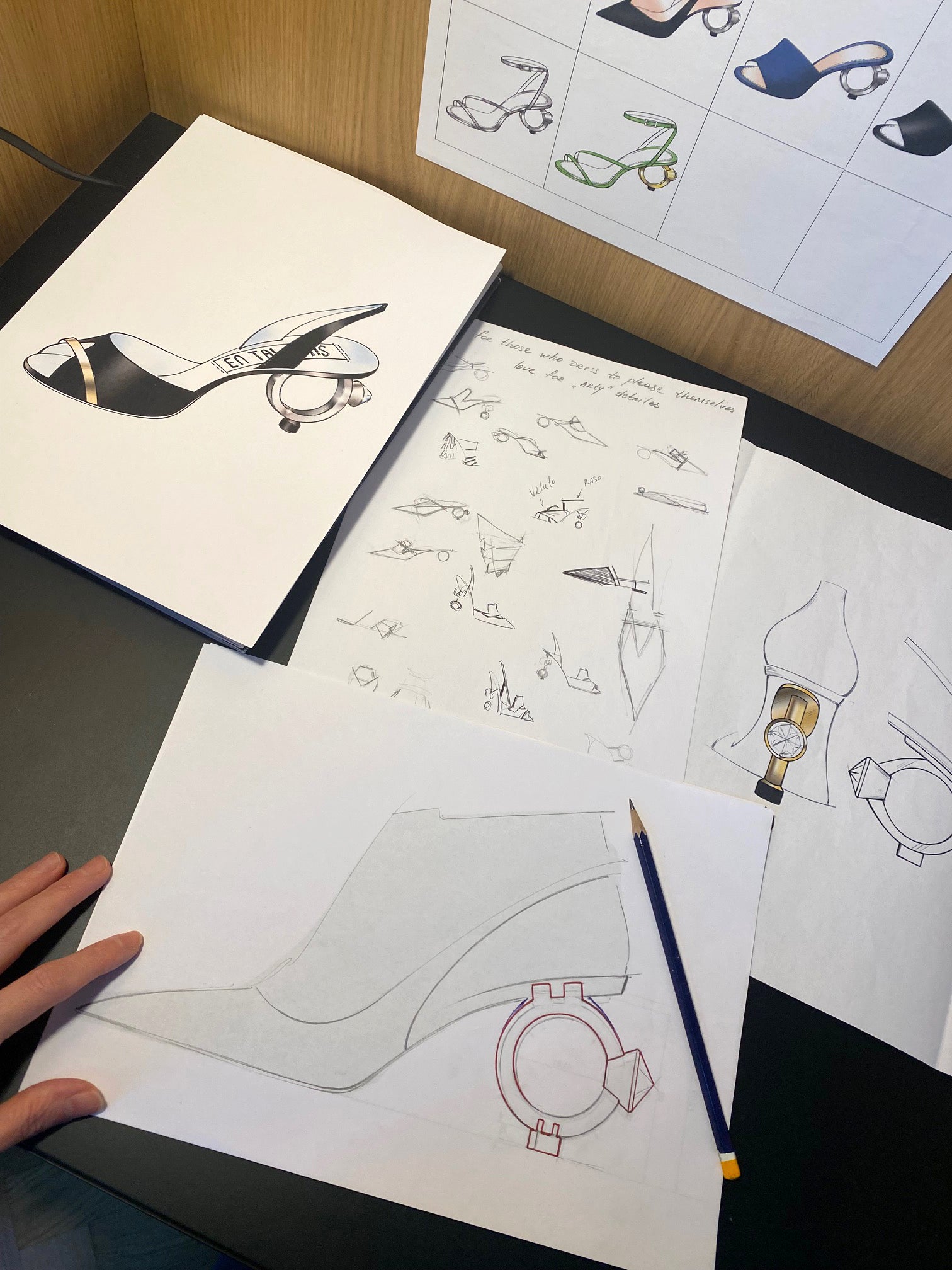 Hand-drawn sketches of shoe designs by designer Evgenia S, showcasing creative concepts for En Talons collection.